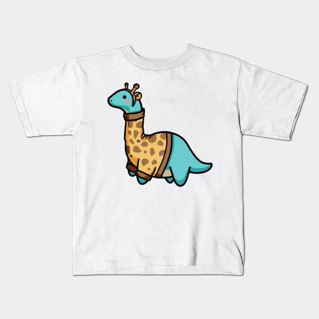 Cute Long Neck Dressed As Giraffe, Dinosaurus. Kids T-Shirt by hugadino